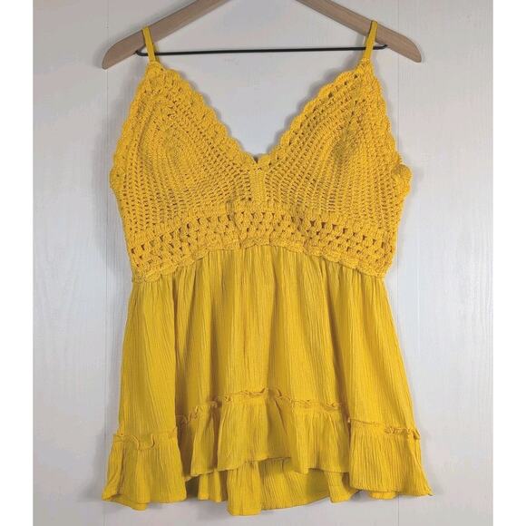 Blush Womens L Yellow Crochet Peplum Cami Boho Ruffle Hem Y2K Festival Top - Picture 1 of 9